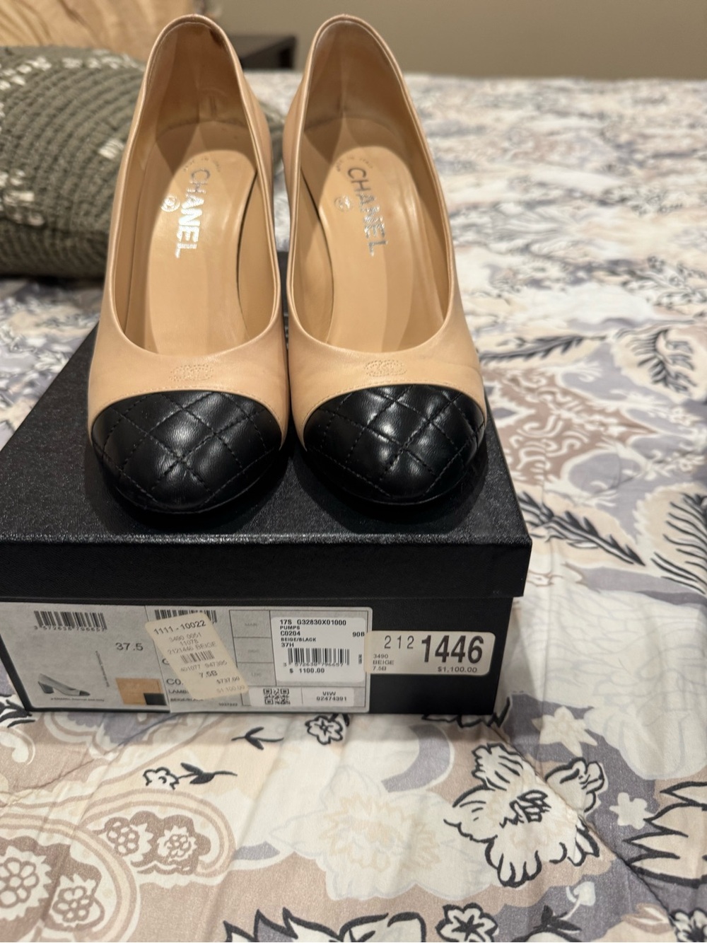 CHANEL Beige and Black Quilted Cap-Toe Pumps